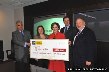 (Left to right) JMSB Dean Sanjay Sharma; Vice-President, Advancement and Alumni Relations Kathy Assayag; President and Vice-Chancellor Judith Woodsworth; Laurentian Bank President and CEO Réjean Robitaille; Chairman and CEO of the Canderel Group of Companies Jonathan Wener (also a member of the Concordia Board of Governors and Laurentian Bank Board of Directors).